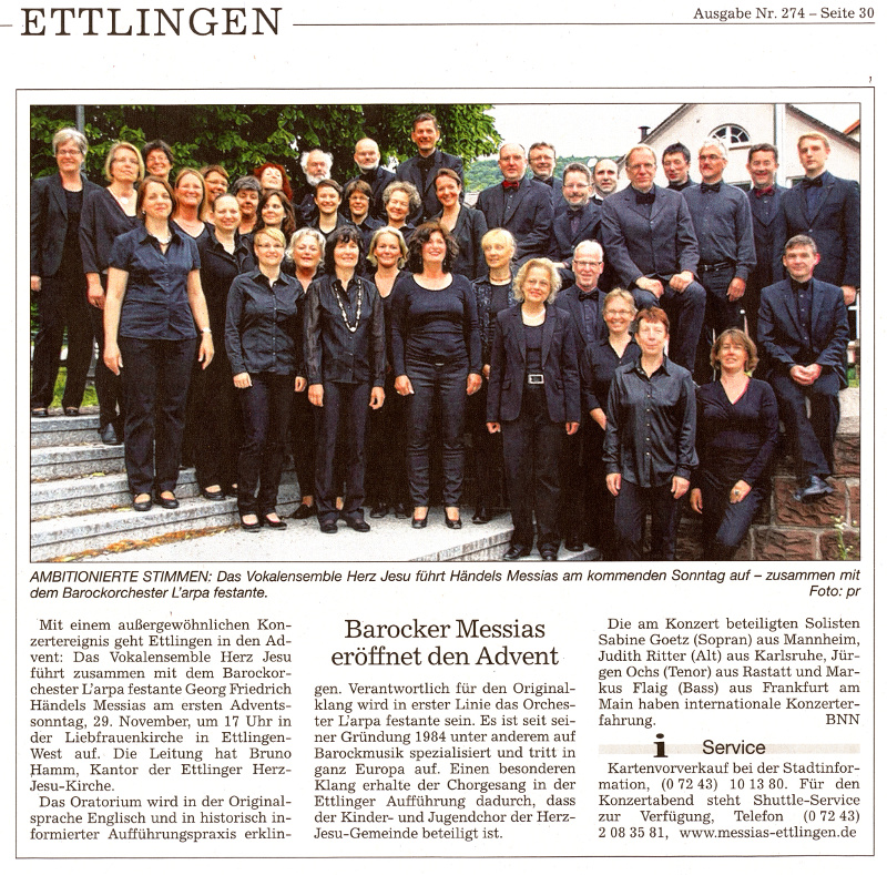 Artikel aus BNN, Ausgabe Ettlingen am 26.11.2015 mit Gruppenbild des Chores